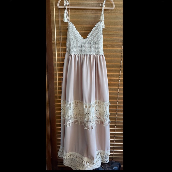 Blush Boho Summer Crochet Maxi, Tassel Adorned, Adjustable Tassel Tie Straps - Picture 3 of 13